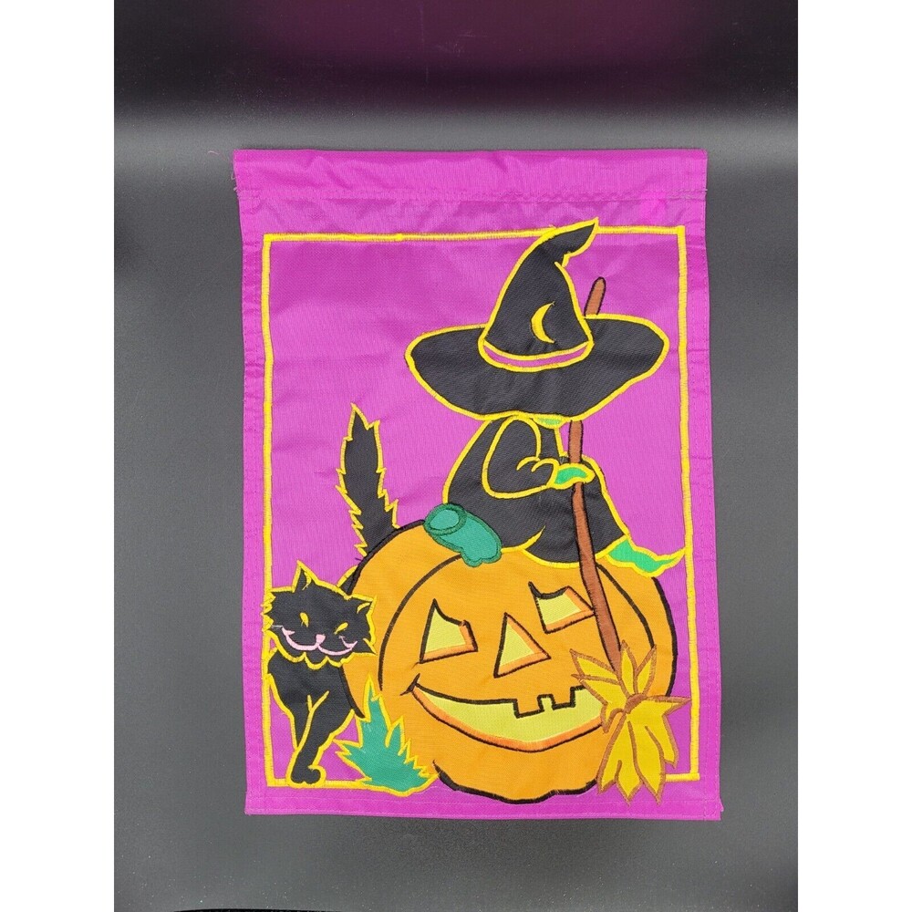 Vintage 1997 Yard Garden House Flag Black Cat Pumpkin & Witch Small 14" × 10"